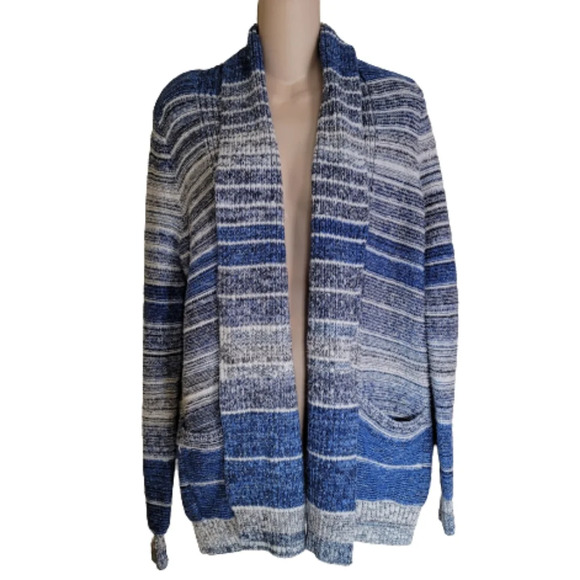 Lucky Brand Blue White Stripe Open Front Cardigan Sweater Size Women's Medium - Picture 2 of 10
